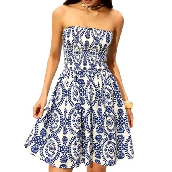 Commense Women's Medium Blue White Strapless Floral Collarless Mini Woven Dress - Picture 4 of 8
